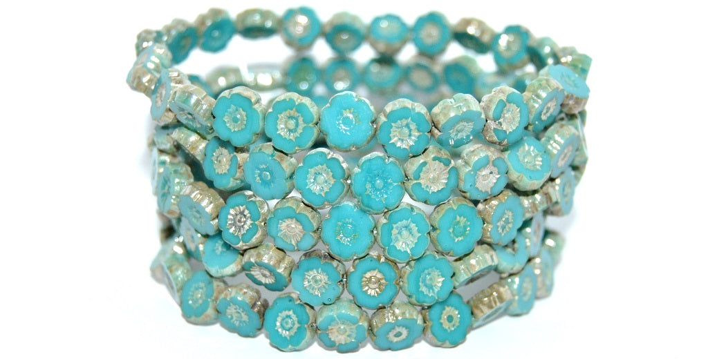 Table Cut Round Beads Hawaii Flowers, Blue Picasso (63900-43400), Glass, Czech Republic