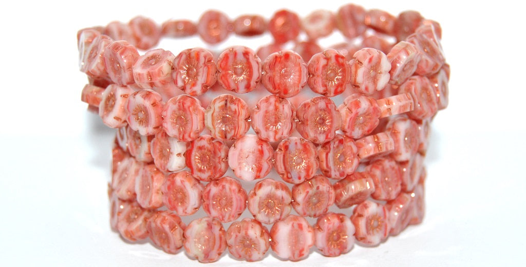 Table Cut Round Beads Hawaii Flowers, Green Purple 55307 (95000-55307), Glass, Czech Republic