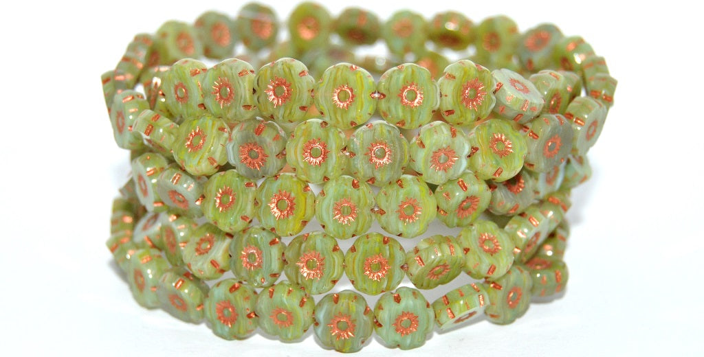 Table Cut Round Beads Hawaii Flowers, Opal Green 55307 (51010201-55307), Glass, Czech Republic