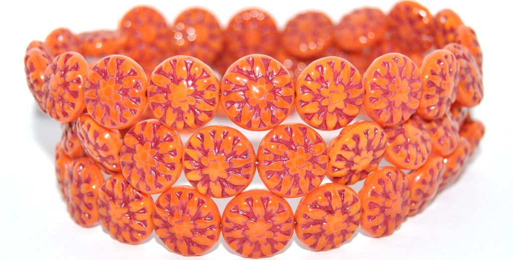 Round Flower Edelweiss Pressed Glass Beads, Deep Orange Red Lined (93140-46490), Glass, Czech Republic
