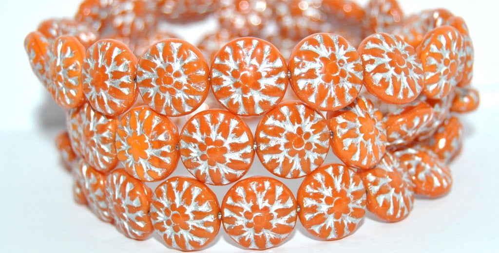 Round Flower Edelweiss Pressed Glass Beads, Deep Orange Silver Lined (93140-54201), Glass, Czech Republic