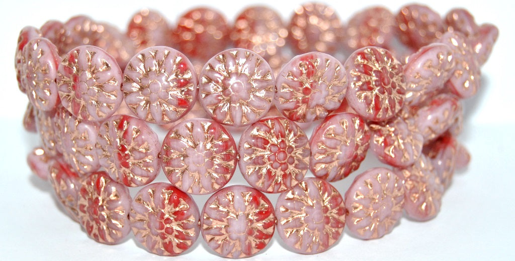 Round Flower Edelweiss Pressed Glass Beads, 730193200 Copper Lined (730193200-54200), Glass, Czech Republic