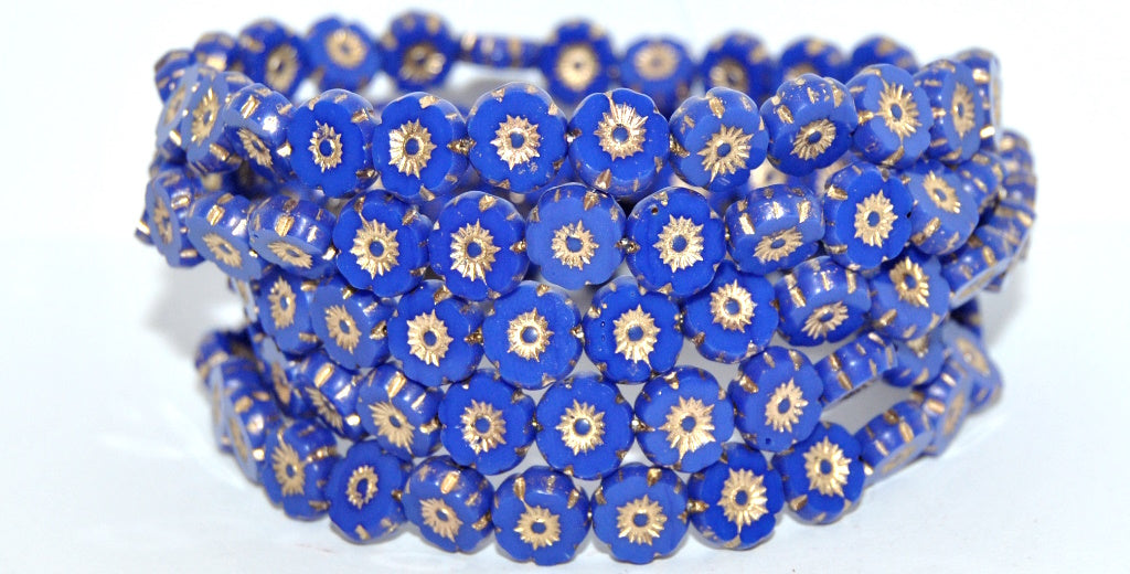 Table Cut Round Beads Hawaii Flowers, Rich Blue Gold Lined (33060-54202), Glass, Czech Republic