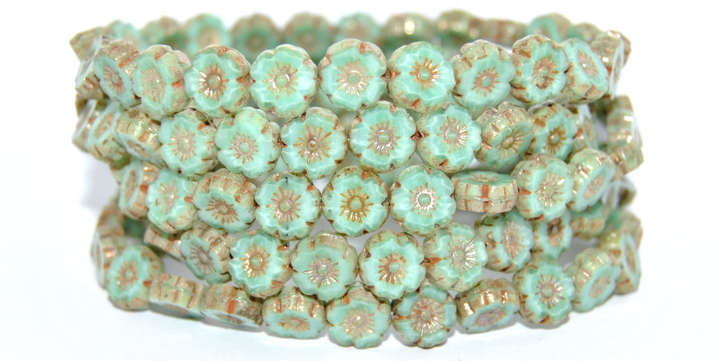 Table Cut Round Beads Hawaii Flowers, Opaque Green Picasso (53120-43400), Glass, Czech Republic