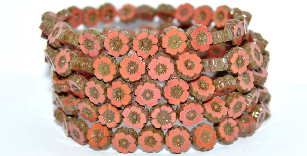 Table Cut Round Beads Hawaii Flowers, Red Travertin (93400-86800), Glass, Czech Republic