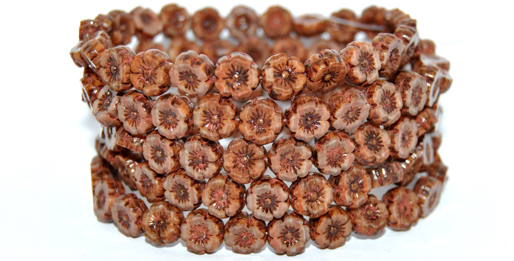 Table Cut Round Beads Hawaii Flowers, Mix Brown Crystal Travertin (16617-86800), Glass, Czech Republic