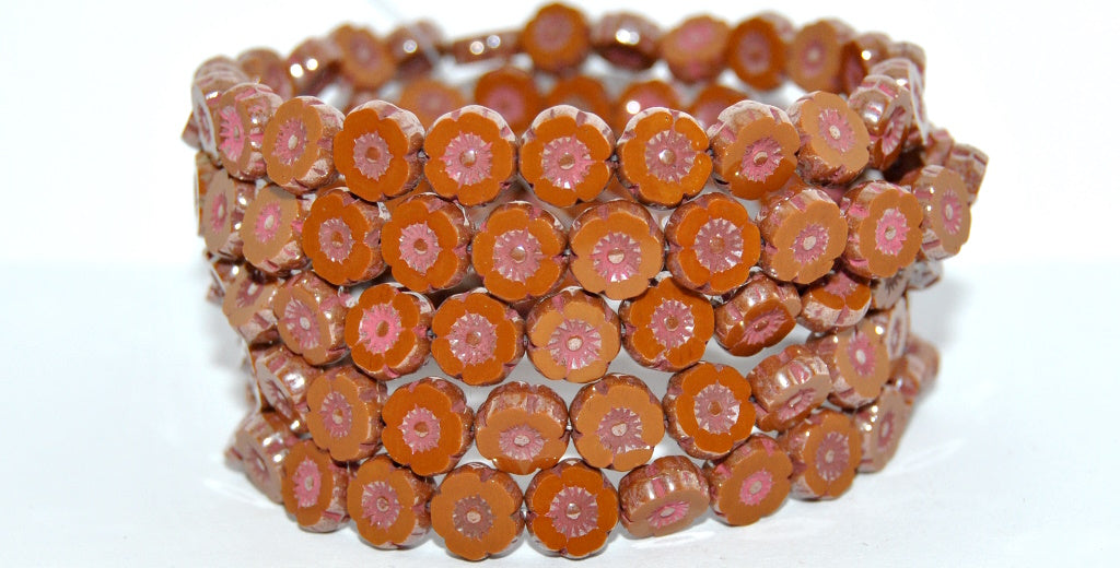 Table Cut Round Beads Hawaii Flowers, Opaque Brown Rembrandt Travertin Purple Lined (13610-43500-46420), Glass, Czech Republic