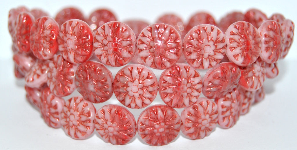 Round Flower Edelweiss Pressed Glass Beads, 730193200 Copper Lined Metalic (730193200-43806-METALIC), Glass, Czech Republic