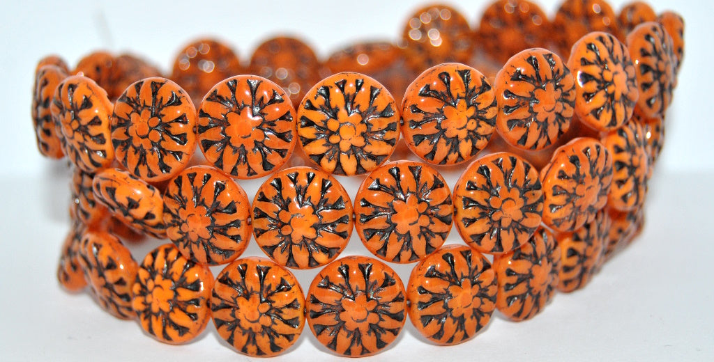 Round Flower Edelweiss Pressed Glass Beads, Deep Orange 43815 Metalic (93140-43815-METALIC), Glass, Czech Republic