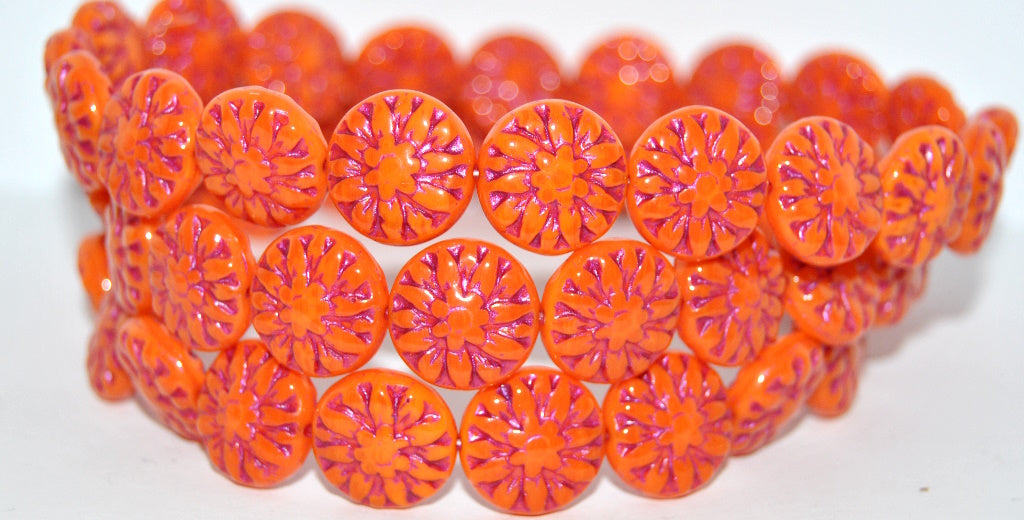 Round Flower Edelweiss Pressed Glass Beads, Deep Orange Pink Lined Metalic (93140-43807-METALIC), Glass, Czech Republic