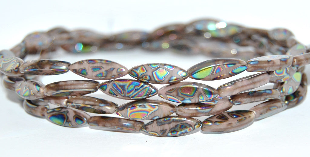 Boat Oval Pressed Glass Beads, Brown Line K1601 Batika (BROWN-LINE-K1601-BATIKA), Glass, Czech Republic