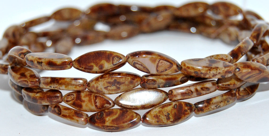 Boat Oval Pressed Glass Beads, Opaque Beige Travertin (13010-86800), Glass, Czech Republic
