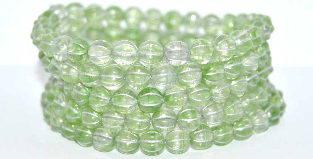 Melon Round Pressed Glass Beads With Stripes, 57008 Silver Lined (57008-54201), Glass, Czech Republic