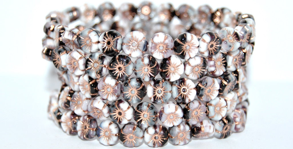 Hawaii Flower Pressed Glass Beads, Black Copper Lined (239802010-54200), Glass, Czech Republic