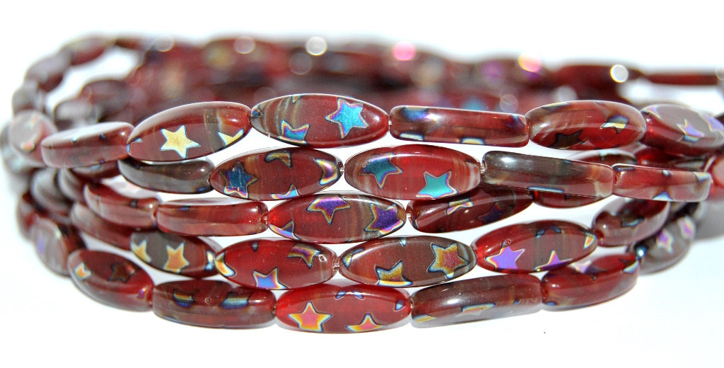Boat Oval Pressed Glass Beads, Striped Dark Red Z9501 Star (26907-Z9501-STAR), Glass, Czech Republic