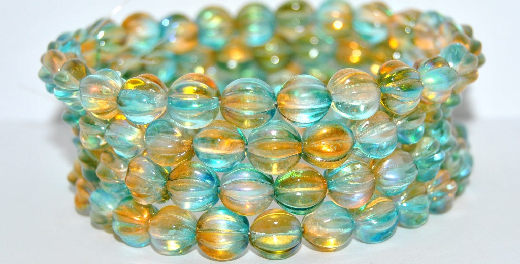 Melon Round Pressed Glass Beads With Stripes, Glossy Green Yellow (48104), Glass, Czech Republic