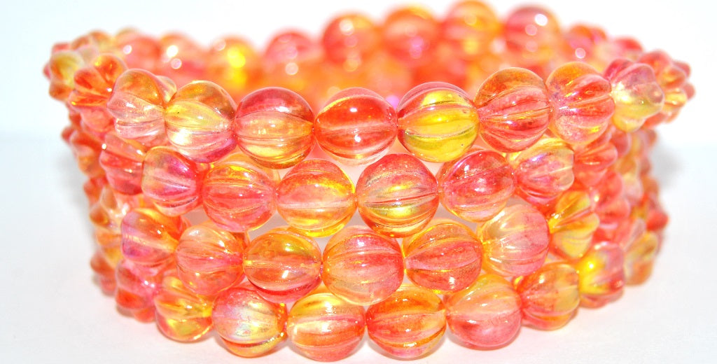 Melon Round Pressed Glass Beads With Stripes, Glossy Red Gold (48101), Glass, Czech Republic