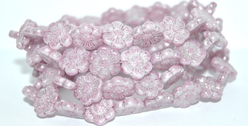 Flower Pressed Glass Beads, White 34306 34301 (02010-34306-34301), Glass, Czech Republic