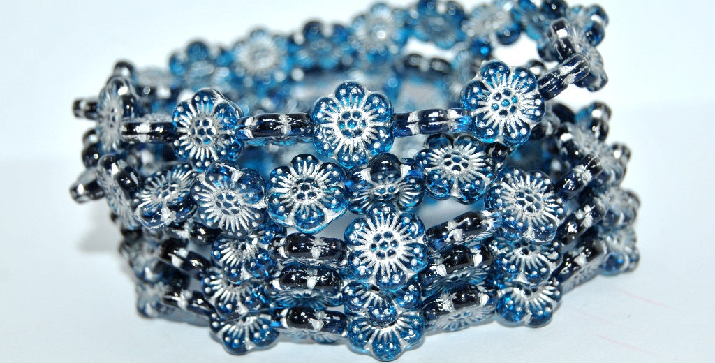 Flower Pressed Glass Beads, Transparent Aqua Silver Lined (60080-54201), Glass, Czech Republic