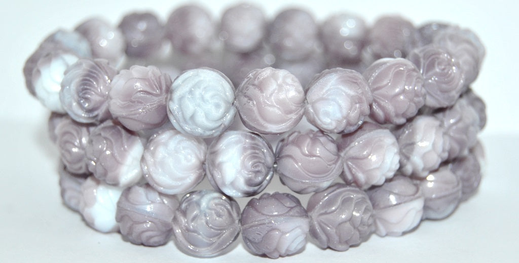 Round Rose Pressed Glass Beads, Mixed White Lavender (07224B), Glass, Czech Republic