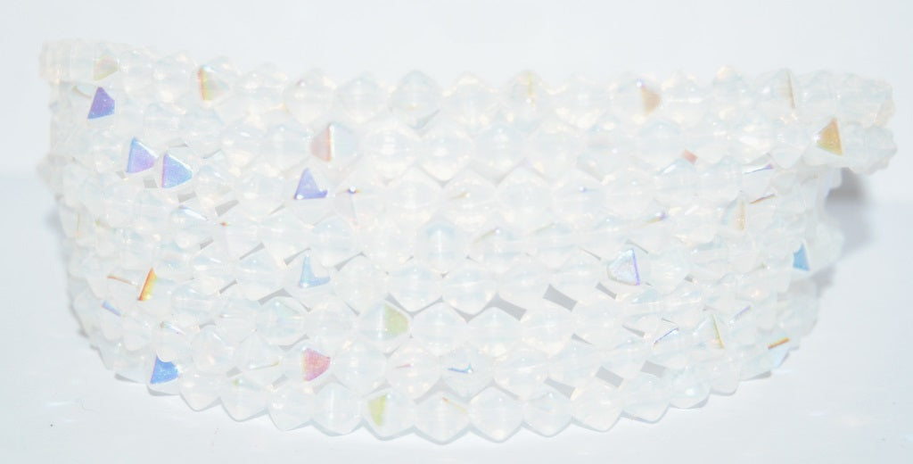 Lantern Bicone Pressed Glass Beads, Opal White Ab (01000-AB), Glass, Czech Republic
