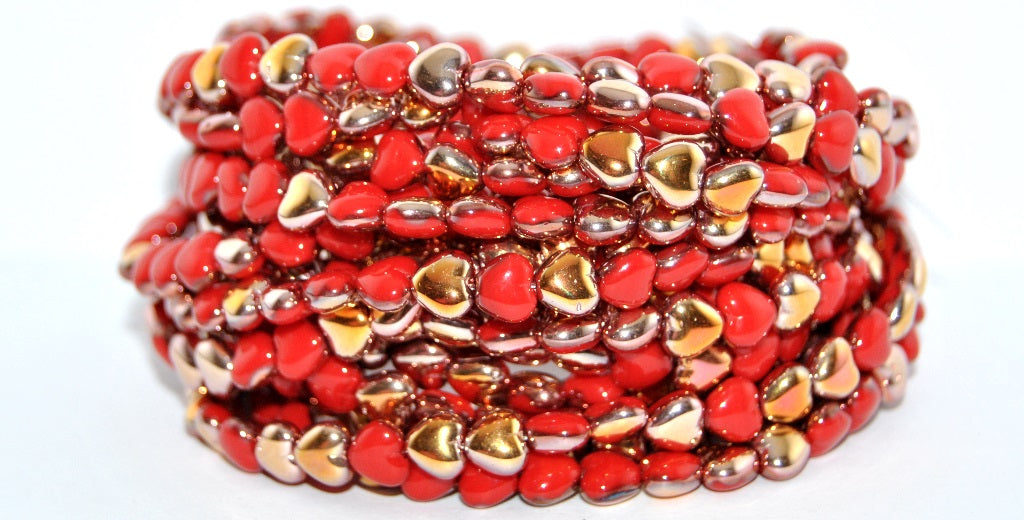 Heart Pressed Glass Beads, Pre79001 66 Opaque Red Rose Gold Capri (PRE79001-66-93200-27101), Glass, Czech Republic