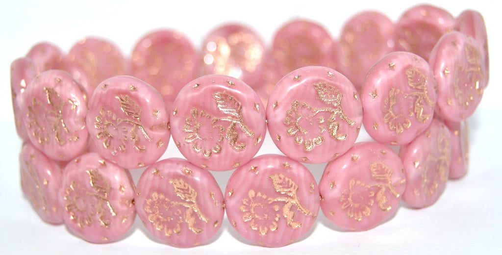 Round Flat With Flower Marguerite Pressed Glass Beads, Silky Pink Copper Lined (76027-54200), Glass, Czech Republic