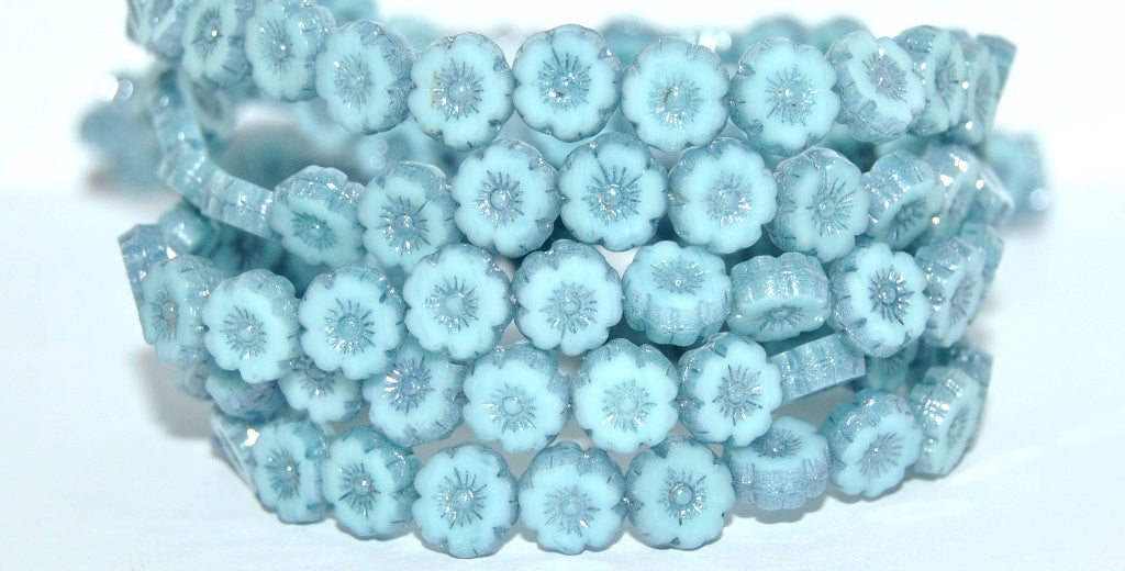 Table Cut Round Beads Hawaii Flowers, Silky Blue Luster Blue Full Coated (66010-14464), Glass, Czech Republic