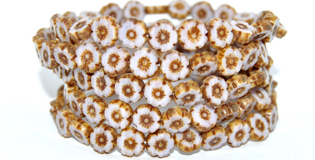 Table Cut Round Beads Hawaii Flowers, Opaque Pink Travertin (73010-86800), Glass, Czech Republic