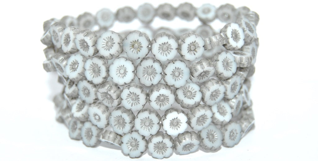 Table Cut Round Beads Hawaii Flowers, White 84312 (02010-84312), Glass, Czech Republic