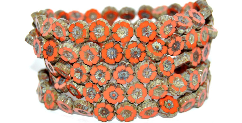 Table Cut Round Beads Hawaii Flowers, Deep Orange Stain Strong (93140-86805), Glass, Czech Republic