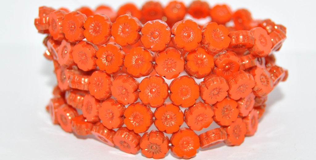 Table Cut Round Beads Hawaii Flowers, Deep Orange Luster Red Full Coated (93140-14495), Glass, Czech Republic