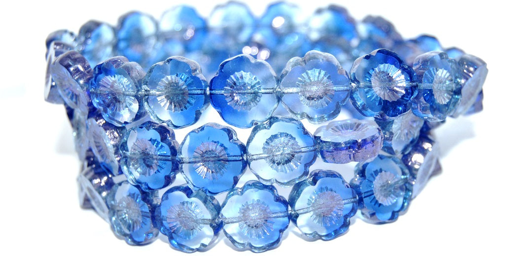 Table Cut Round Beads Hawaii Flowers, Transparent Blue Luster Blue Full Coated (3001005-14464), Glass, Czech Republic
