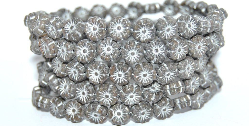 Hawaii Flower Pressed Glass Beads, Opaque Gray Silver Lined (43030-54201), Glass, Czech Republic