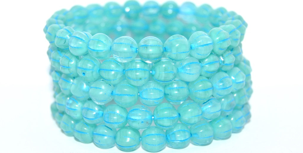 Melon Round Pressed Glass Beads With Stripes, Blue Mixed Colors Opal Light Blue Lined (BLUE-MIX-OPAL-46460), Glass, Czech Republic