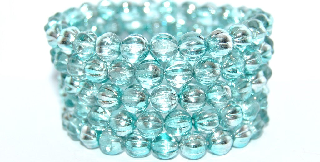 Melon Round Pressed Glass Beads With Stripes, Crystal 97368 (00030-97368), Glass, Czech Republic