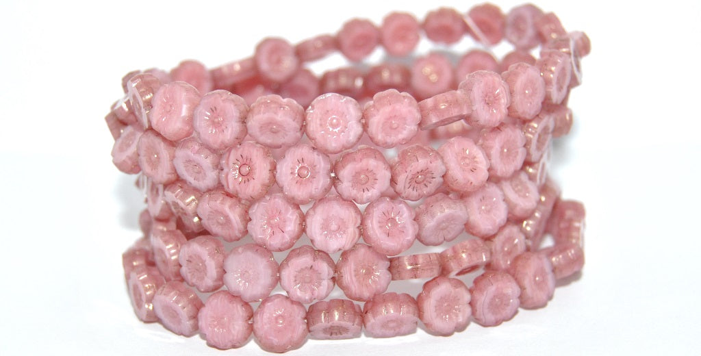 Table Cut Round Beads Hawaii Flowers, Opaque Pink Luster Lila (76016-14494), Glass, Czech Republic