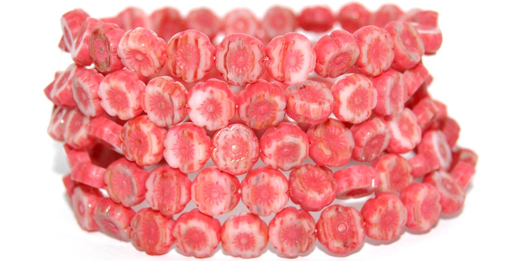 Table Cut Round Beads Hawaii Flowers, Green Purple 84304 (95000-84304), Glass, Czech Republic