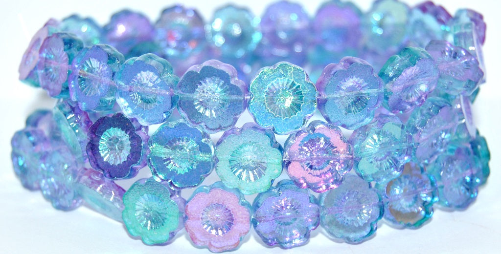 Table Cut Round Beads Hawaii Flowers, Glossy Blue Purple (48123), Glass, Czech Republic