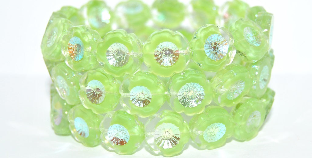 Table Cut Round Beads Hawaii Flowers, Opaque Green Ab Full (2X Side) (56018-AB2X), Glass, Czech Republic
