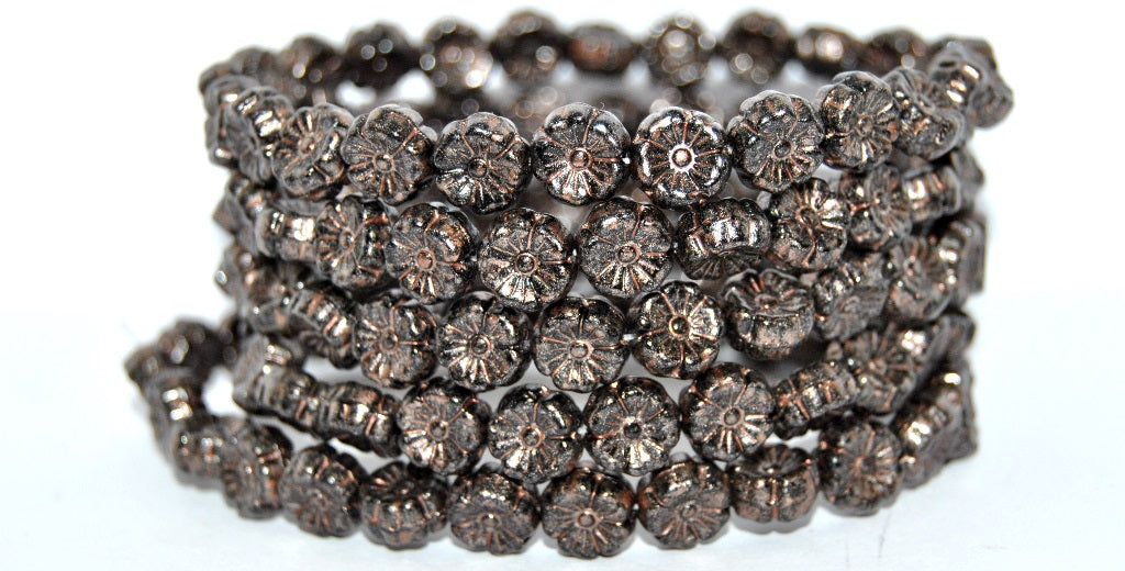 Hawaii Flower Pressed Glass Beads, Black 86750 (23980-86750), Glass, Czech Republic
