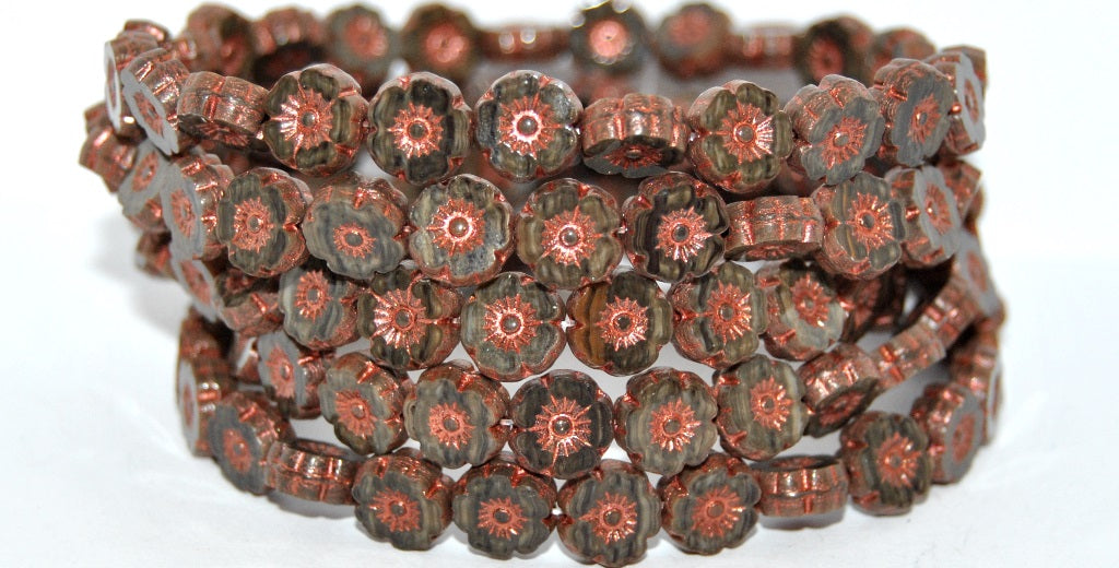 Table Cut Round Beads Hawaii Flowers, Opaque Gray 55307 (43030-55307), Glass, Czech Republic