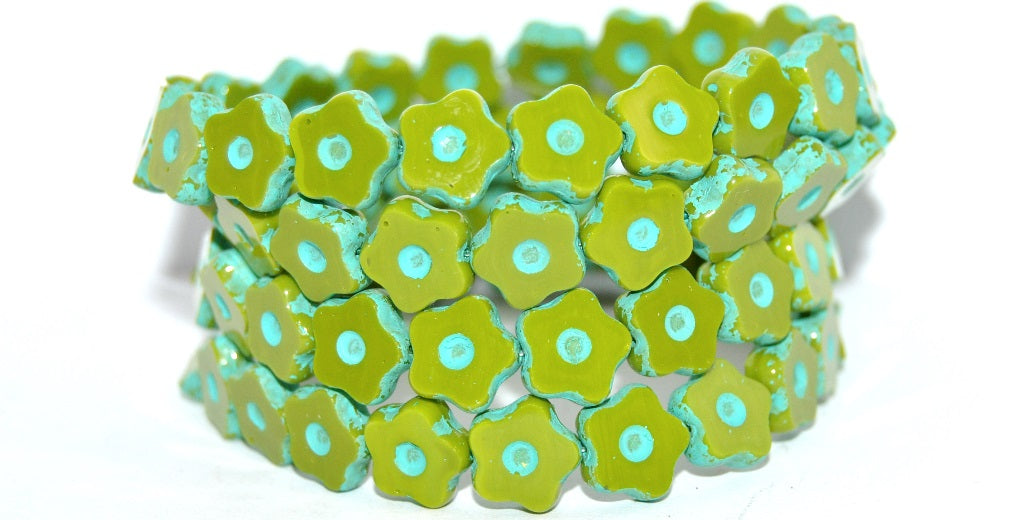 Table Cut Flower Beads With Dot, Opaque Green 84309 (53400-84309), Glass, Czech Republic