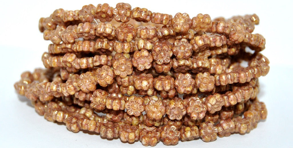 Hawaii Flower Pressed Glass Beads, White Senegal Red (02010-15675), Glass, Czech Republic