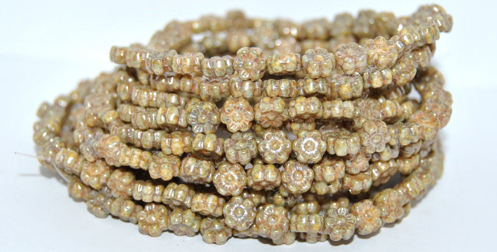 Hawaii Flower Pressed Glass Beads, White Senegal Green (02010-15657), Glass, Czech Republic