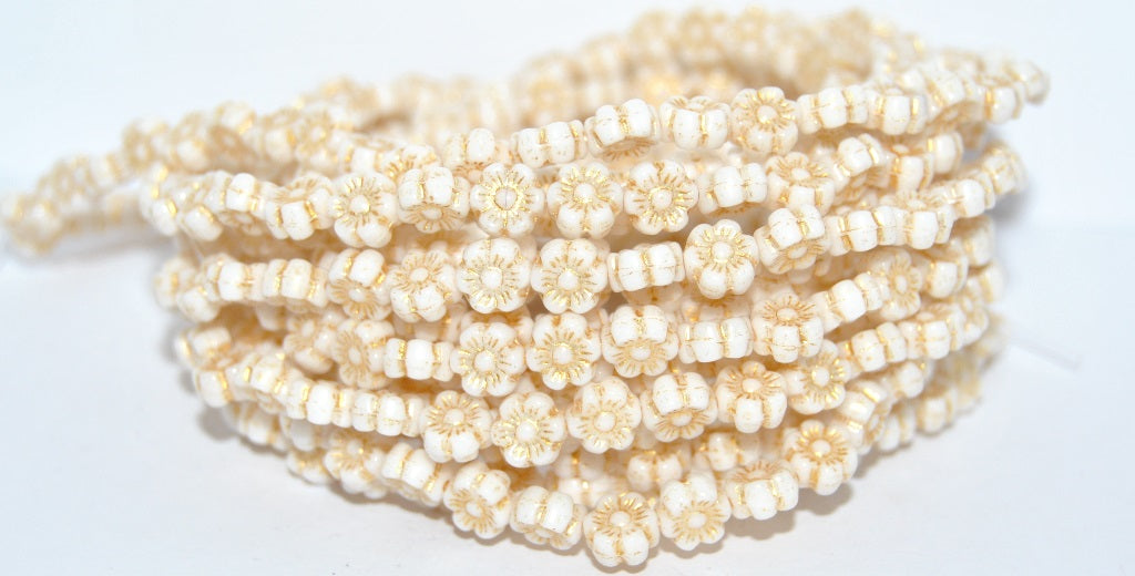 Hawaii Flower Pressed Glass Beads, White 54202S (02010-54202S), Glass, Czech Republic