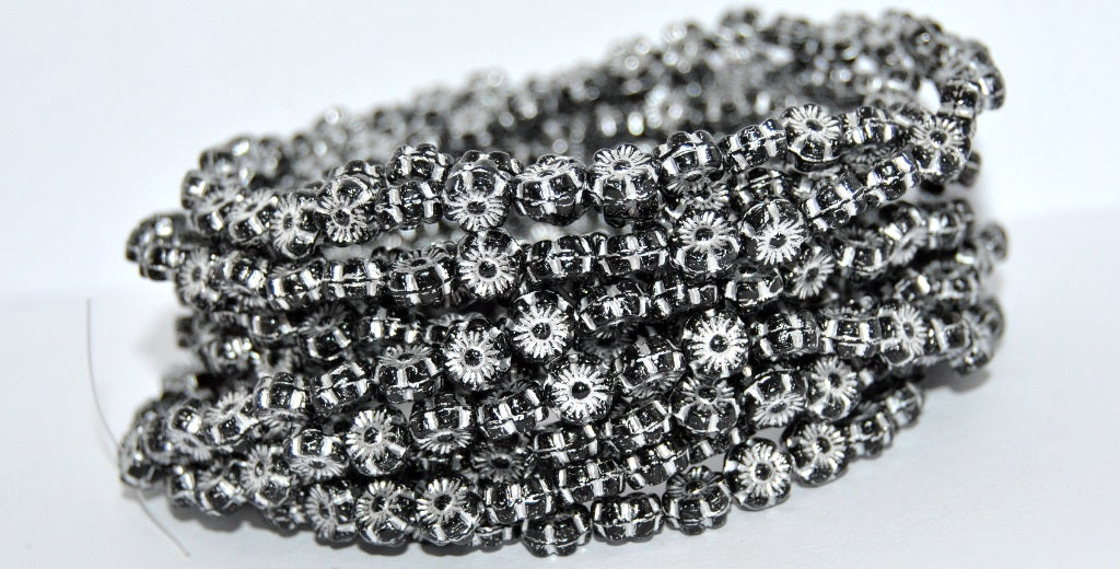 Hawaii Flower Pressed Glass Beads, Black 54201S (23980-54201S), Glass, Czech Republic