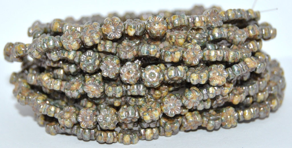 Hawaii Flower Pressed Glass Beads, White Senegal Blue (02010-15664), Glass, Czech Republic