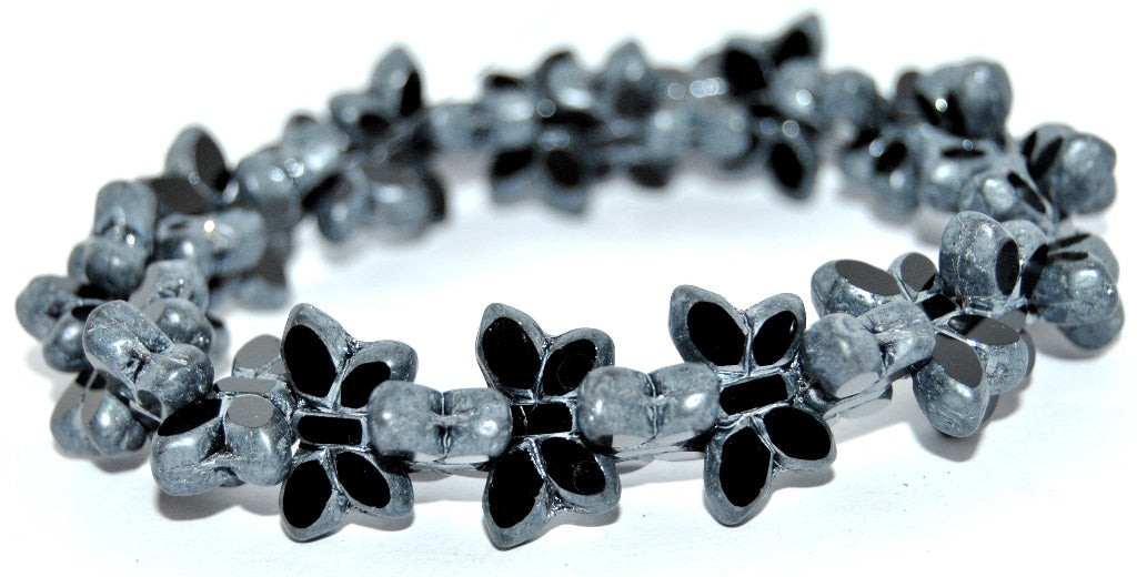Table Cut Butterfly Beads, Black Luster Cream (23980-14401), Glass, Czech Republic