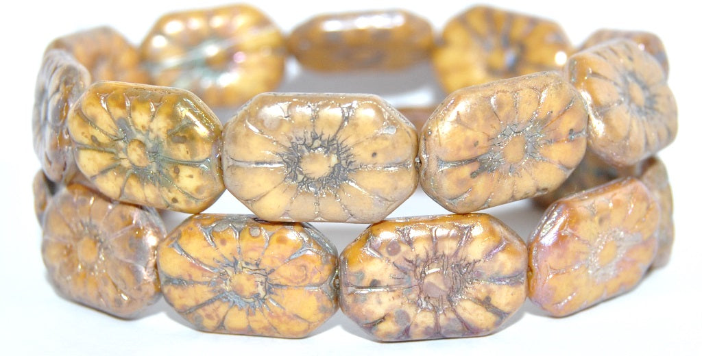 Rounded Rectangle With Flower Pressed Glass Beads, White Rembrandt Travertin (02010-43500), Glass, Czech Republic